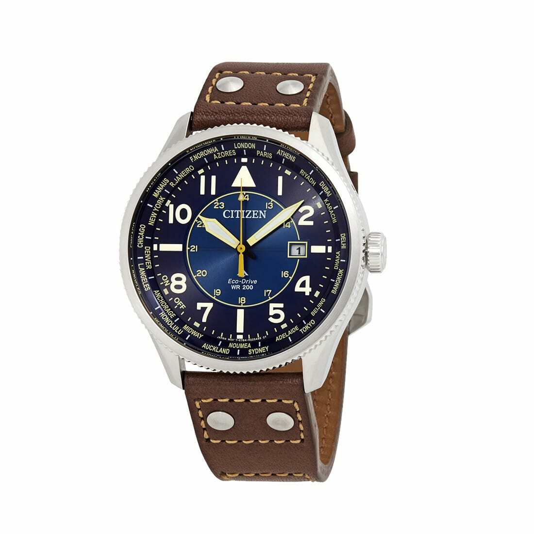 Citizen BX1010-11L Promaster Nighthawk watch featuring a blue dial and coffee brown leather strap, showcasing its elegant design and functionality.